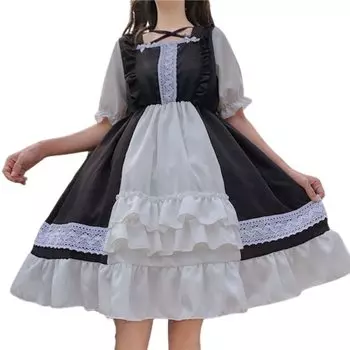 Лолита с коротким рукавом, простое цельное платье с оборками выше колена [Lady Lazy] (черный) чёрный