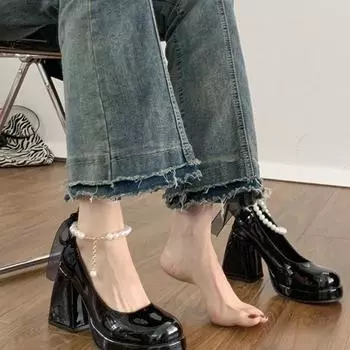 Lolita Shoes Women Japanese Mary Jane Heeled Shoes Women Retro Pearl Bow Ankle Strap High Heel Platform Shoes Chaussure Femme 35 чёрный