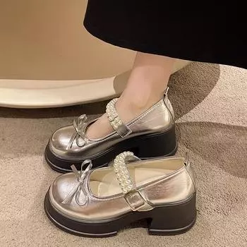 Lolita Shoes Women New Bowknot Pearl Mary Jane Shoes for Women Vintage Shallow High Heels Chunky Platform Shoes Female Sandals 35 чёрный