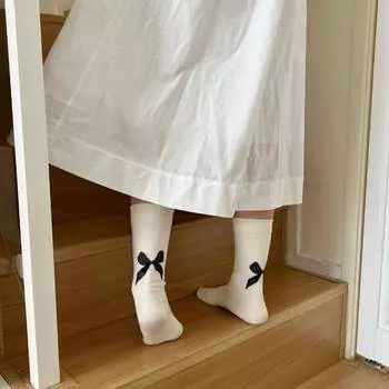 Lolita Style Bowknot Cotton Socks Mid-tube Balletcore Bow Socks Cute JK бежевый