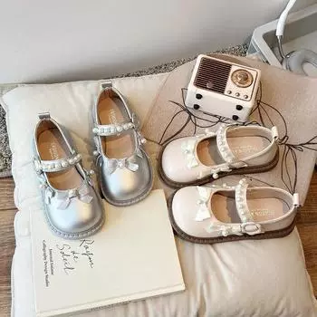 Lolita Style Girls Flat Shoes Sweet Bowknot Children Leather Shoes Chic Elegant Kids Fashion Causal Shoes Causal Versatile New 21 серебряный