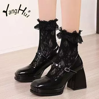 Lolita Style Sweet Mary Janes Women s Shoes 2024 New Fashion Patent Leather Increase Waterproof Square High Heels Pumps 34 чёрный