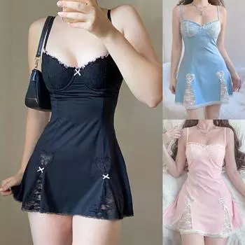 Лолита Y2K Ретро Кружева Лоскутное Ремень Лук Черное Мини-Платье Клубные Вечерние Сексуальные Платья S розовый