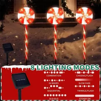 Lollipop Lights Christmas Outdoor 3 Pack Candy Cane Lights Outdoor Pathway 8 Modes Solar Peppermint Lights Yard Garden 607