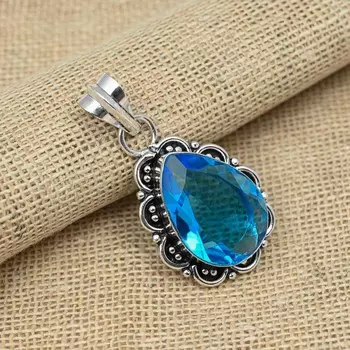 London Blue Topaz 925 Твердый серебряный кулон ручной работы с великолепным драгоценным камнем для подарков 1.77 Inches синий