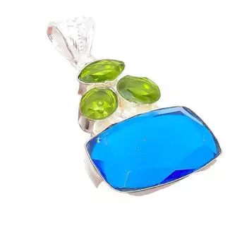London Blue Topaz, Peridot Gemstone 925 Sterling Silver Jewelry Pendant 1.97 AH-5299 2.17 синий