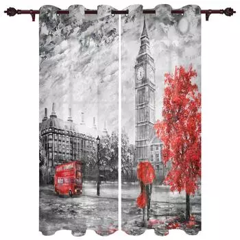 London Building Red Bus Bicycle Printed Curtains for Living Room Home Decor Kids Bedroom Kitchen Window Blinds Curtains Drapes 100W130H(CM)40x51in&Grommet Top