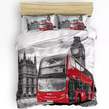 London Street Red Bus Big Ben Duvet Cover with Pillow Case Custom 3pcs Bedding Set Quilt Cover Double Bed Home Textile US Twin(172x218cm)