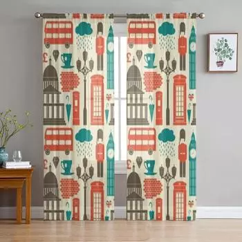 London Symbols And Landmarks Luxurious Chiffon Sheer Curtains for Living Room Bedroom Decoration Window Voiles Tulle Curtain 135W x 114H(cm)