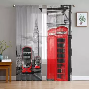 Лондонская красная телефонная будка Автобус Прозрачные шторы для гостиной Украшения оконные шторы Кухня Тюль Вуаль Органза Шторы W135 x H115cm x1