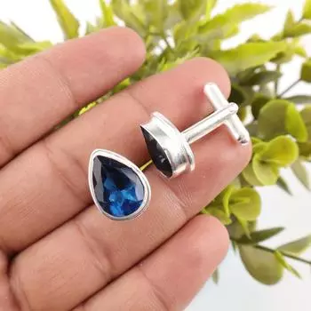 Лондонский голубой топаз Драгоценный камень 925 Стерлинговое серебро Ювелирные изделия Ручной работы Запонки 0,66 CL-6-12
