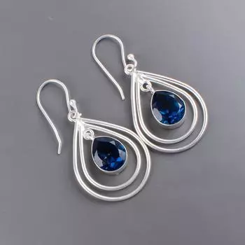 Лондонский голубой топаз Драгоценный камень 925 Стерлинговое серебро Ювелирные изделия Ручная работа Серьги 2.00 EE-34-2