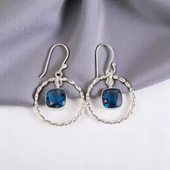 Лондонский голубой топаз Драгоценный камень 925 Стерлинговое серебро Ювелирные изделия Ручная работа Серьги 1.60 EE-60-3