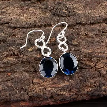 Лондонский голубой топаз Драгоценный камень 925 Стерлинговое серебро Ювелирные изделия Серьги 1,60 Идея для подарка EE-12-9
