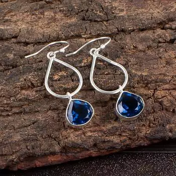 Лондонский голубой топаз Драгоценный камень 925 Стерлинговое серебро Ювелирные изделия Ручная работа Серьги 1,90 EE-19-9