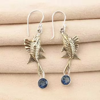 Лондонский голубой топаз Драгоценный камень 925 Стерлинговое серебро Ювелирные изделия Ручная работа Серьги 2.17 EE-148-12