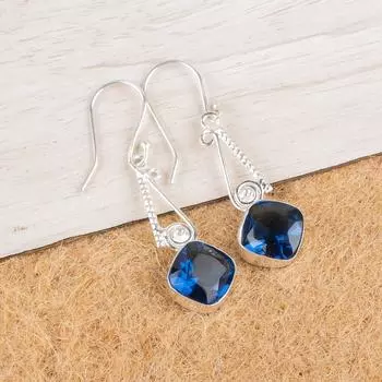 Лондонский голубой топаз Драгоценный камень 925 Стерлинговое серебро Ювелирные изделия Ручная работа Серьги 1,90 EE-46-3