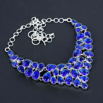 Лондонский голубой топаз Драгоценный камень Ручной работы Серебро 925 пробы Ожерелье, Серебряное ожерелье с лондонским голубым топазом для жены, Унисекс ожерелье Подарок на помолвку 20 синий