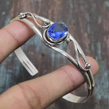 Лондонский голубой топаз, драгоценный камень, ручной работы, стерлинговое серебро 925 пробы, ювелирный браслет-манжета, регулируемый для Дня Благодарения Adjustable синий