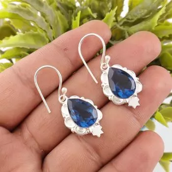 Лондонский голубой топаз Драгоценный камень Серьги из серебра 925 пробы Ювелирное украшение Подарок для нее EE-163-10
