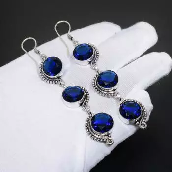 Лондонский голубой топаз, драгоценный камень, ювелирные изделия ручной работы из стерлингового серебра 925 пробы, серьги с лондонским топазом для женщин, ювелирные изделия для подарков, ювелирные серьги ручной работы 2.55 темно-синий