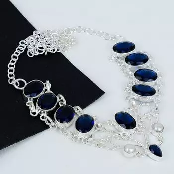 Лондонский голубой топаз, Ювелирное ожерелье из жемчуга, Ожерелье из стерлингового серебра 925 пробы, Ювелирное ожерелье ручной работы, Ожерелье для мамы, Свадебные украшения 20 синий