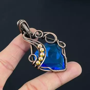 Лондонский синий топаз с драгоценным камнем ручной работы из чистой медной проволоки, ювелирный кулон 2.56 Inches синий