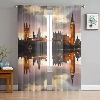 Лондонский сумеречный город, здание, отражение поверхности воды, тюлевые прозрачные оконные шторы для гостиной, спальни, вуаль, занавески из органзы, шторы W135 x H115cm x1