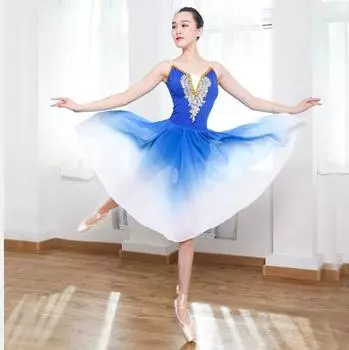 Long Adult Women Children Ballet Tutu Dress Gradient Modern Dance Costumes Performance Ballerina Chiffon Ballet Dress XS небесно-голубой