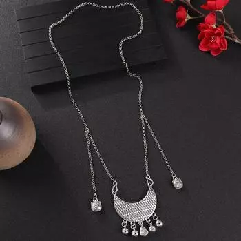 Long ancient silver necklace retro Miao silver long life lock fringed sweater chain cheongsam Hanfu accessories women