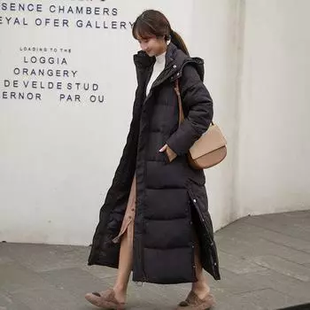 Long below the Knee Hooded down Jacket Women s Winter Outwear Thickened Heattech over the Knee Pure Color Casual Slim Quilted Coat Tide Black 3XL Suggests [145-160] kg
