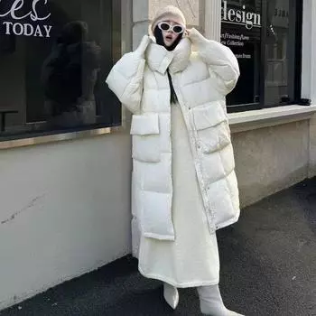 Long Big Pocket Down Jacket Women s 2024 Winter Fashion Thickened Loose Hooded Over Knee Couple Big Quilt Jacket S хаки