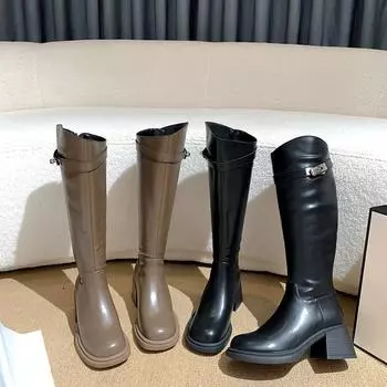 Длинные байкерские ботинки женские осенне-зимние новые высокие ботинки с круглым носком и толстым каблуком, женские длинные ботинки с толстой подошвой и металлическим замком 35 чёрный