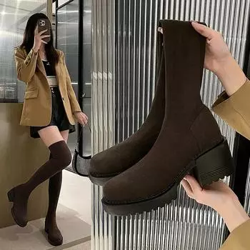 Длинные сапоги, высокие сапоги, носки, ботинки, эластичные носки, эластичные носки, трикотажные туфли длиной до колена для женщин, высокие до бедра 35 серый