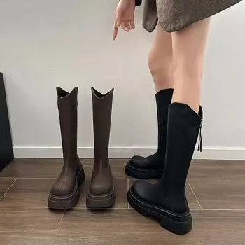Long boots women s 2025 autumn and winter new thick-soled but knee-high small high boots rear zipper V-mouth thin long boots 35 чёрный