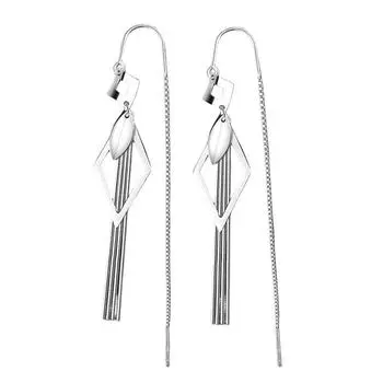 Long Chain Fringed Ear Line Temperament Elegant And Unique Small Leaf Earrings Hollow Geometric Rhombus Earrings Women copper (white gold)