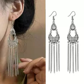 Long Chain Fringed Earrings Jewelry Ancient Silver Exaggerated Personality Ear Hook Bohemian Retro Earrings