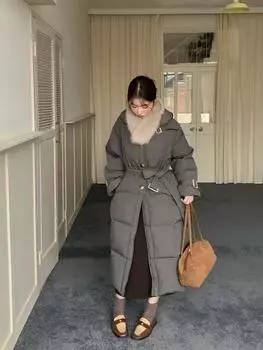 Long Chinese down jacket women s autumn and winter new fox fur collar waist thin lady gentle wind coat average size within 75kg бежевый