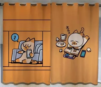 Длинная занавеска, затемняющая занавеска, милый кот, мультяшный, спальня, гостиная, крючок, спальня, перфорированная занавеска, затеняющий материал, драпировка, новая W55 X H120cm X 2&HOOK