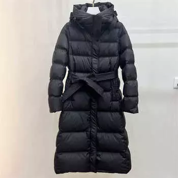 Long down jacket female slim over the knee in the autumn and winter of 2024 new hooded waist thin belt thermal jacket M чёрный