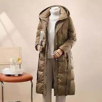 Long Down Jacket Women s Hooded Thickened Knee-thin Belt White Duck Down 2025 European Winter New Coat M