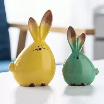 Long Eared Bunny Sculpture Ornaments Desktop Ceramic Easter Rabbit Bunny Figure Cute Home Decorations 2PCS