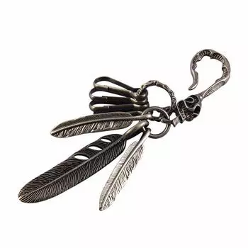 Long Feather Skull Native [ZIYMU] Keychain, 3-Strand Pendant, Head, American, Silver, zm-k-002