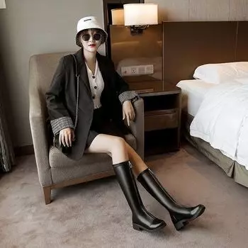 Long Footwear Shoes For Women Black Leather Middle Heel Ladies Boots Winter Knee High Shaft Round Toe Stylish Promotion Pu 35
