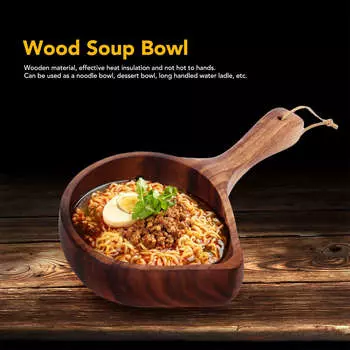 Long Handle Soup Bowl Wood Ramen Noodle Bowl Tableware with Spout for Home Kitchen