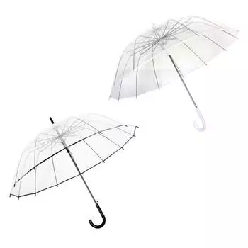 Long Handled Clear Umbrella, J Stick Handle Transparent Umbrella For Rain, Fashion 16 Ribs Auto Open Stick Umbrella For Photo Prop Weddings Travel