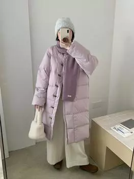 Длинная роговая пряжка пуховик женский 2024 зима новый высококачественный милый свободный теплый пиджак one size fits all фиолетовый