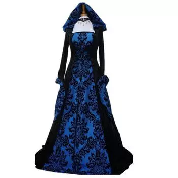 Long Medieval European Dress Retro Hooded Long Sleeved Gown Performances Stage Blue Flower,4XL