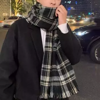 Long Men Thick Shawl Warm Double-sided Scarf Korean Style Plaid Knitted Scarf Spring чёрный