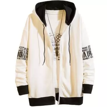 Long Plus Loose [foveitaa] Men s Zip-Up Hoodie, Fall/Winter, Sleeve, Hooded, Simple, Stylish, Sizes, Fit, Cardigan, Jacket, Sweatshirt, White-XL